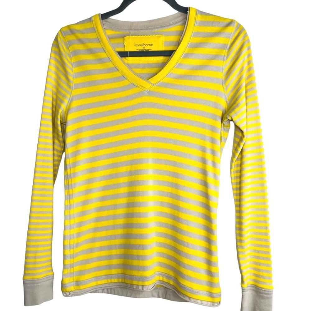 Liz Clairborne Yellow Grey Stripe Blouse M